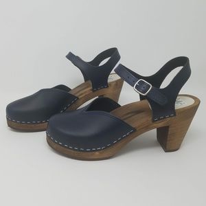 Maguba Navy Blue Leather Heel Clog Sandal Shoe